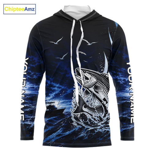 Personalized Redfish Red Drum Blue Long Sleeve Hooded Performance Fishing Shirts, Offshore Tournament Shirt