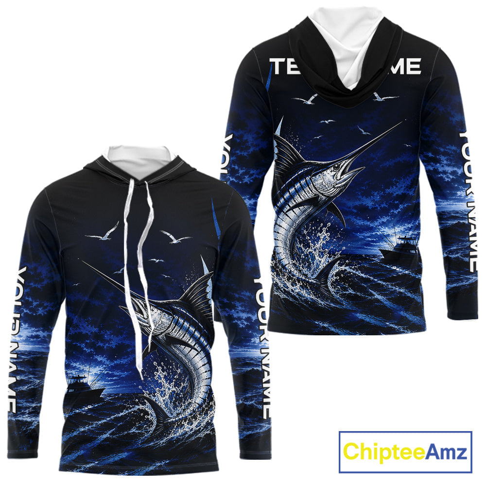 Personalized Blue Marlin Blue Long Sleeve Hooded Performance Fishing Shirts, Offshore Tournament Shirt