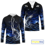 Personalized Blue Marlin Blue Long Sleeve Hooded Performance Fishing Shirts, Offshore Tournament Shirt