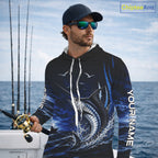 Personalized Blue Marlin Blue Long Sleeve Hooded Performance Fishing Shirts, Offshore Tournament Shirt
