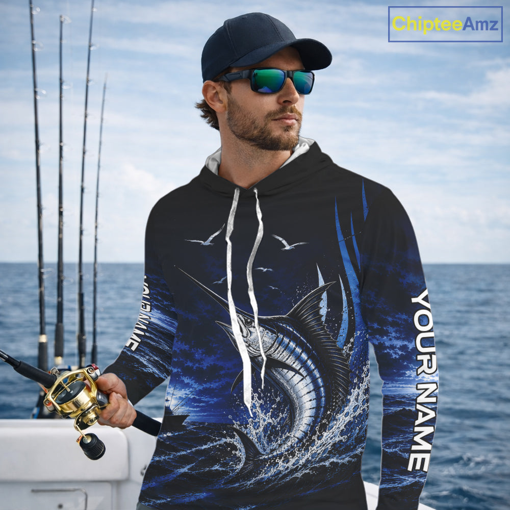 Personalized Blue Marlin Blue Long Sleeve Hooded Performance Fishing Shirts, Offshore Tournament Shirt