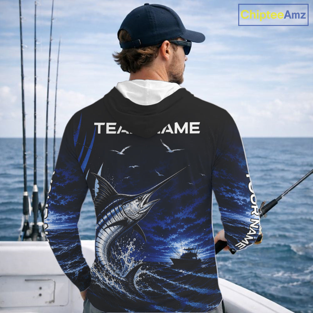 Personalized Blue Marlin Blue Long Sleeve Hooded Performance Fishing Shirts, Offshore Tournament Shirt