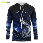 Personalized Blue Marlin Blue Long Sleeve Hooded Performance Fishing Shirts, Offshore Tournament Shirt