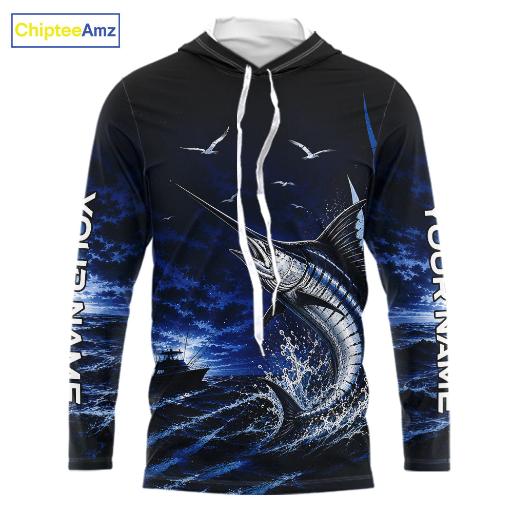 Personalized Blue Marlin Blue Long Sleeve Hooded Performance Fishing Shirts, Offshore Tournament Shirt