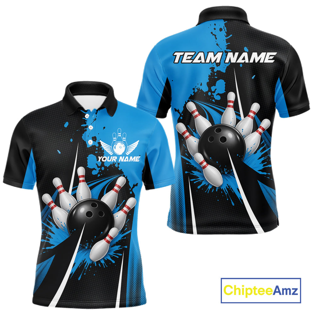 Personalized Blue Bowling Shirts Custom Bowling Team Jersey Polo & 1/4 Zip Bowling Shirts