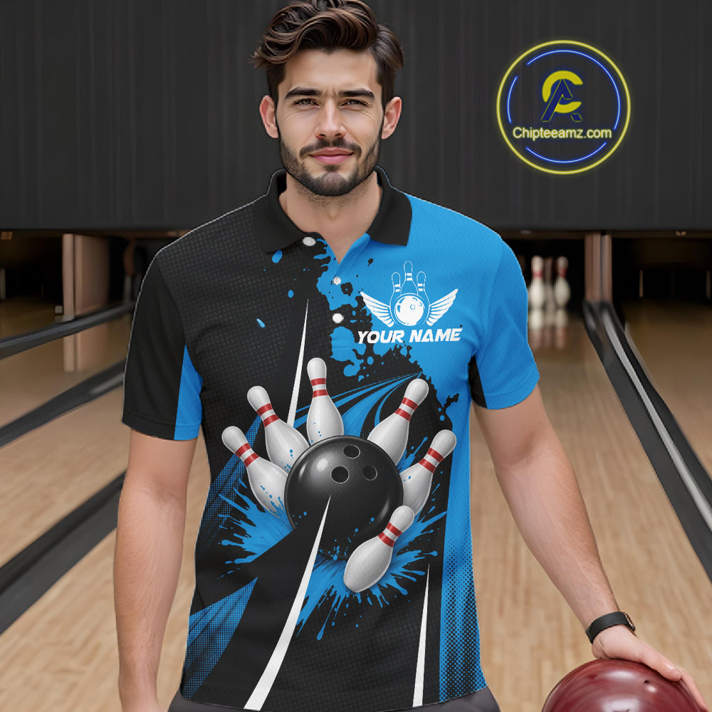 Personalized Blue Bowling Shirts Custom Bowling Team Jersey Polo & 1/4 Zip Bowling Shirts