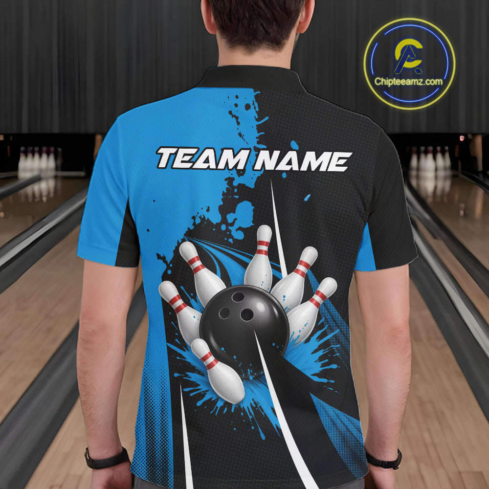 Personalized Blue Bowling Shirts Custom Bowling Team Jersey Polo & 1/4 Zip Bowling Shirts