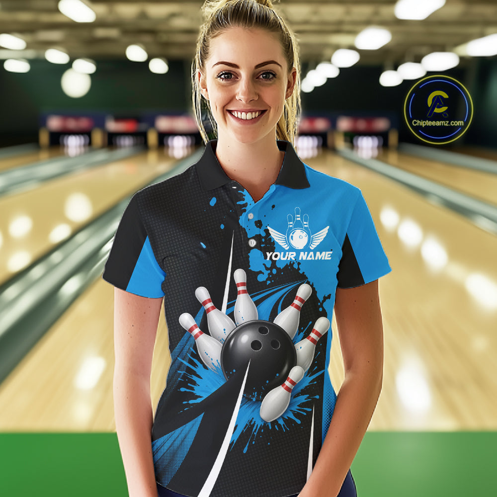 Personalized Blue Bowling Shirts Custom Bowling Team Jersey Polo & 1/4 Zip Bowling Shirts