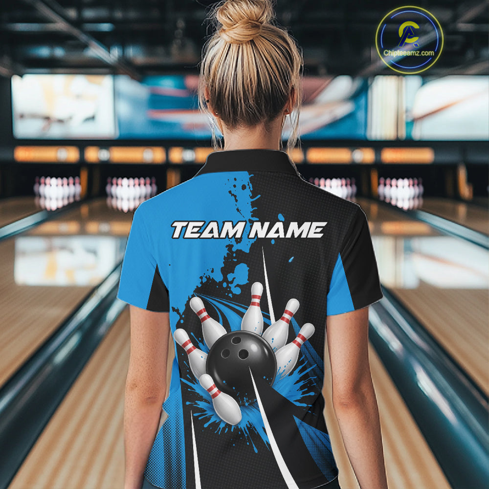 Personalized Blue Bowling Shirts Custom Bowling Team Jersey Polo & 1/4 Zip Bowling Shirts