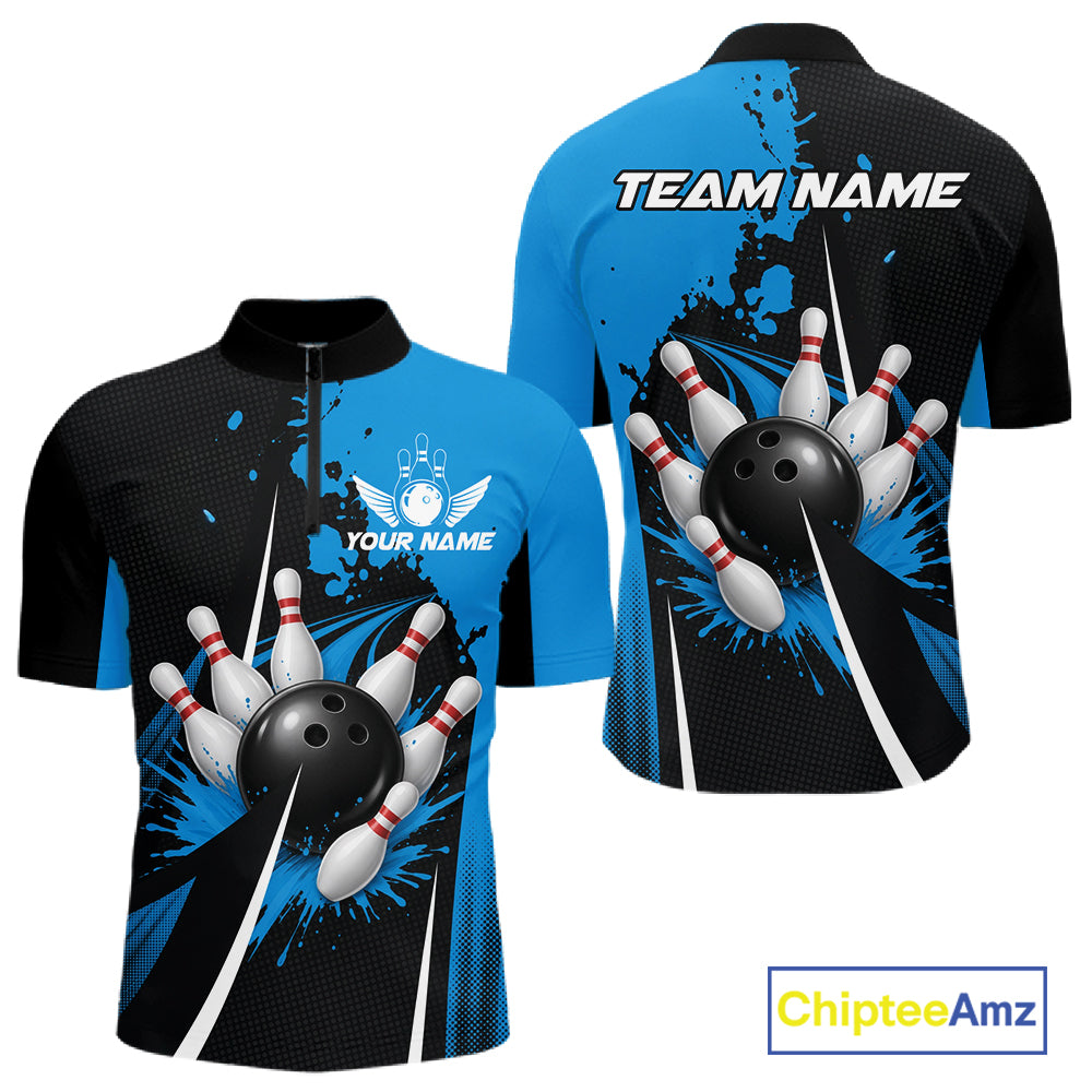 Personalized Blue Bowling Shirts Custom Bowling Team Jersey Polo & 1/4 Zip Bowling Shirts