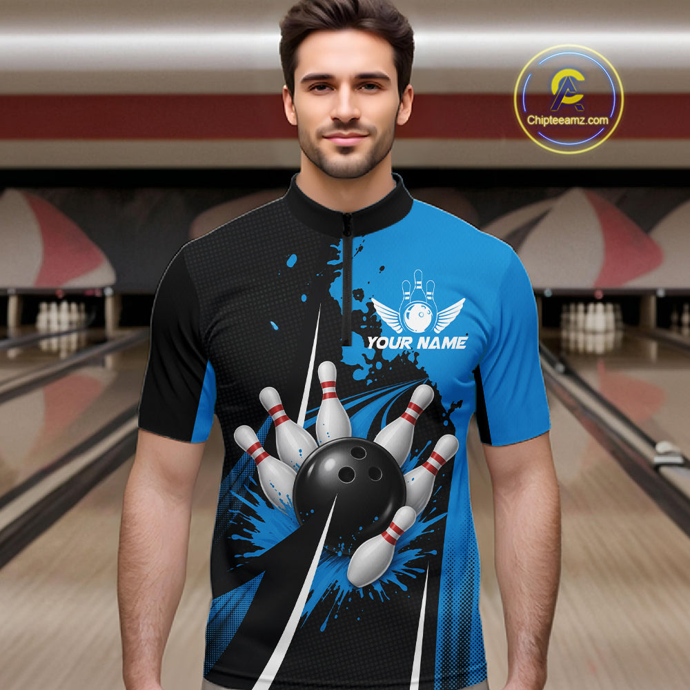 Personalized Blue Bowling Shirts Custom Bowling Team Jersey Polo & 1/4 Zip Bowling Shirts