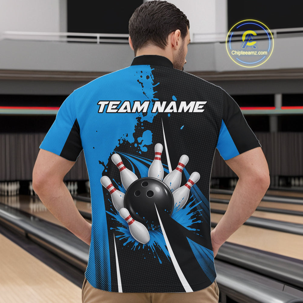 Personalized Blue Bowling Shirts Custom Bowling Team Jersey Polo & 1/4 Zip Bowling Shirts