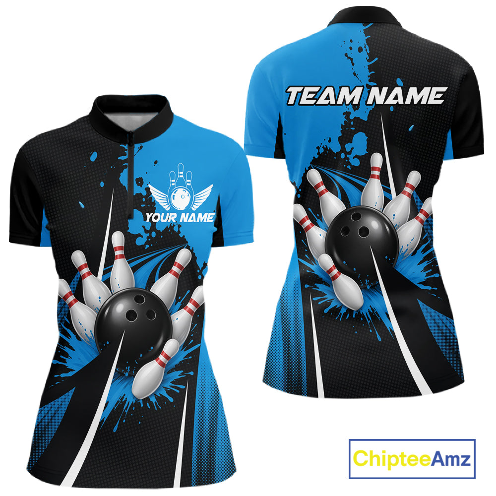 Personalized Blue Bowling Shirts Custom Bowling Team Jersey Polo & 1/4 Zip Bowling Shirts