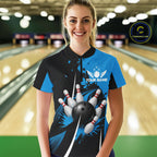 Personalized Blue Bowling Shirts Custom Bowling Team Jersey Polo & 1/4 Zip Bowling Shirts