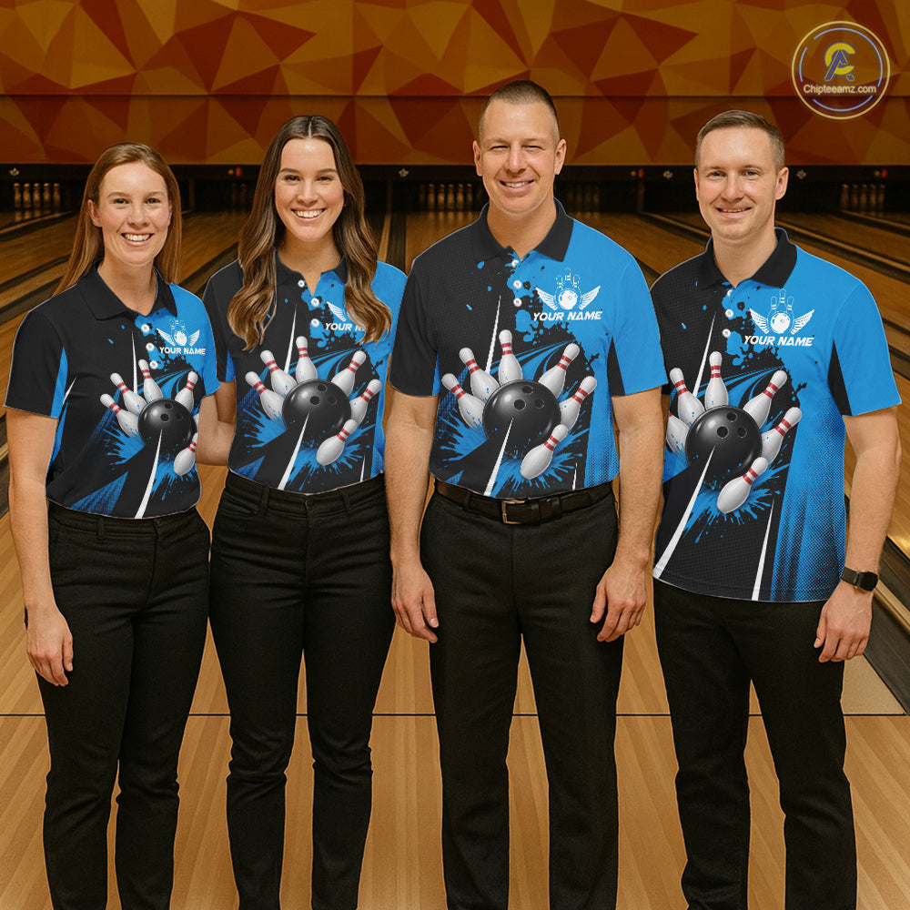 Personalized Blue Bowling Shirts Custom Bowling Team Jersey Polo & 1/4 Zip Bowling Shirts
