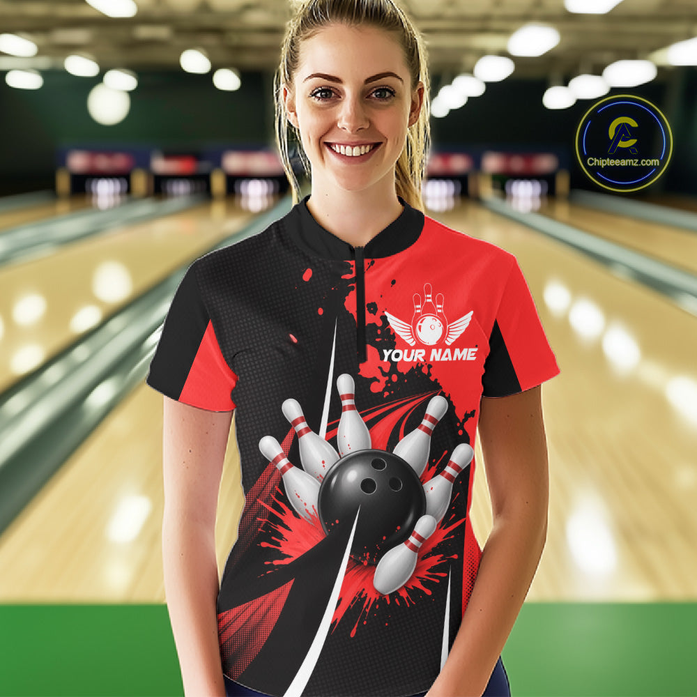 Personalized Red Bowling Shirts Custom Bowling Team Jersey Polo & 1/4 Zip Bowling Shirts