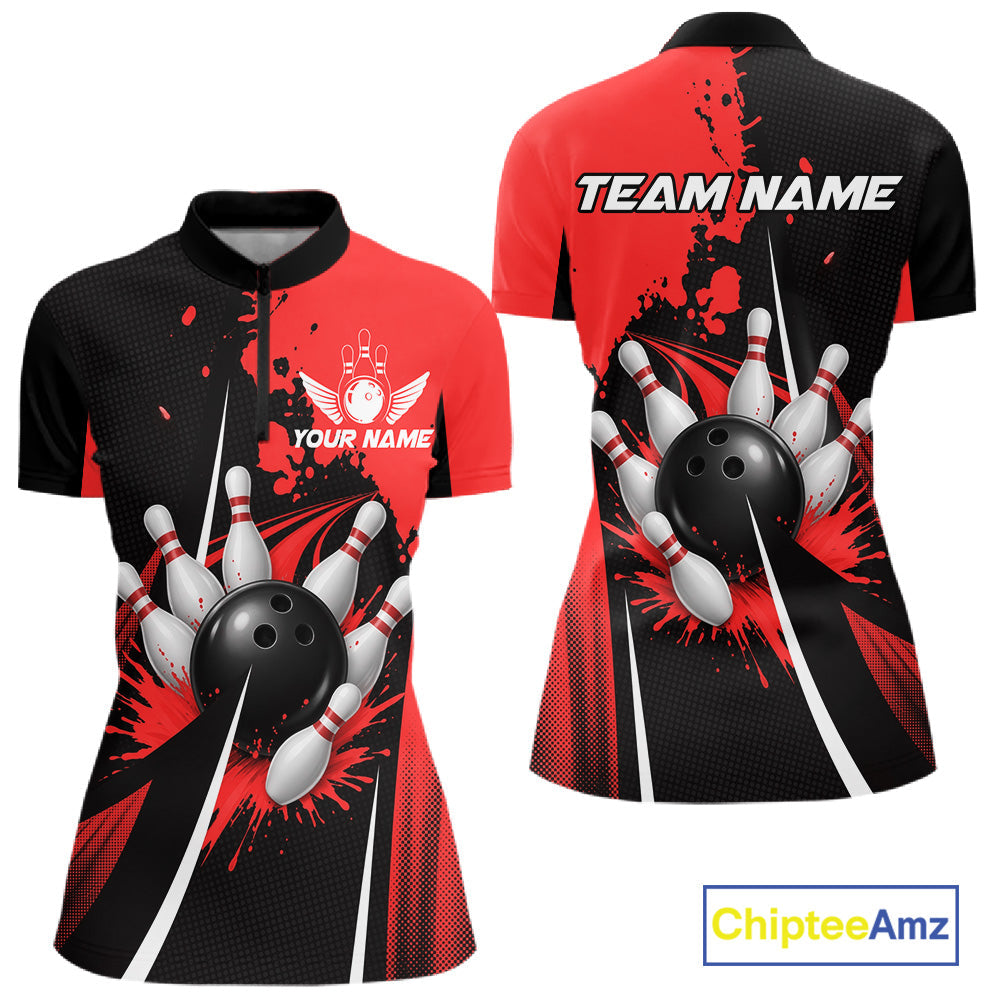 Personalized Red Bowling Shirts Custom Bowling Team Jersey Polo & 1/4 Zip Bowling Shirts