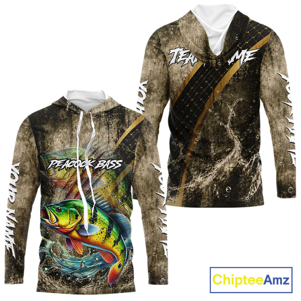 Peacock Bass Long Sleeve Hooded Fishing Shirts Personalized Peacock Bass Fishing Team Jerseys