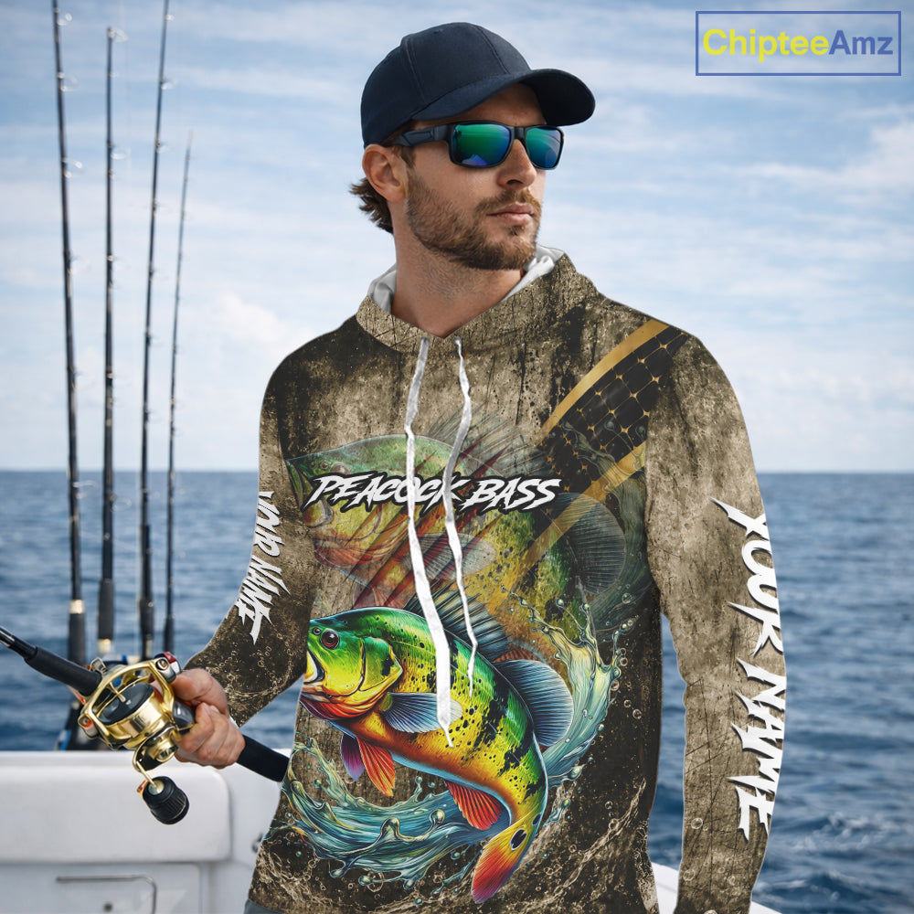 Peacock Bass Long Sleeve Hooded Fishing Shirts Personalized Peacock Bass Fishing Team Jerseys