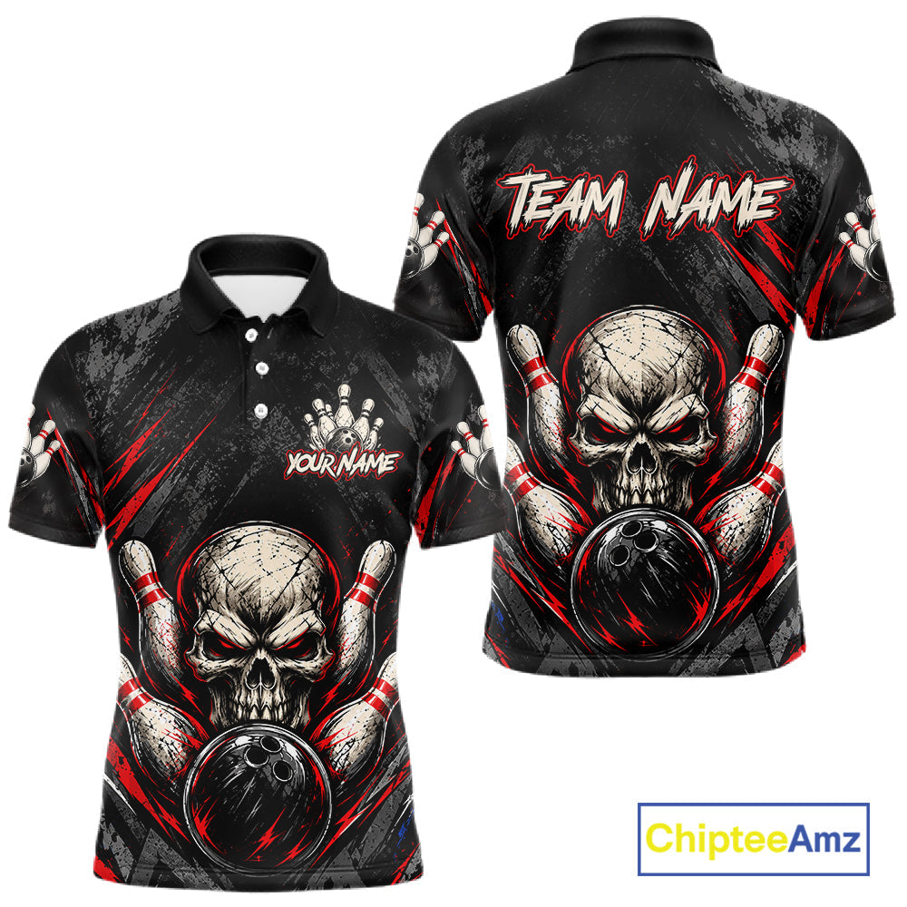 Personalized Black And Red Skull Bowling Polo & 1/4 Zip Shirt Custom Flame Bowler Jerseys