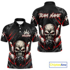 Personalized Black And Red Skull Bowling Polo & 1/4 Zip Shirt Custom Flame Bowler Jerseys