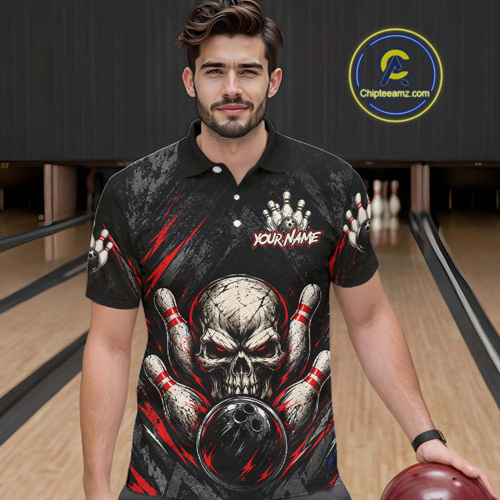 Personalized Black And Red Skull Bowling Polo & 1/4 Zip Shirt Custom Flame Bowler Jerseys