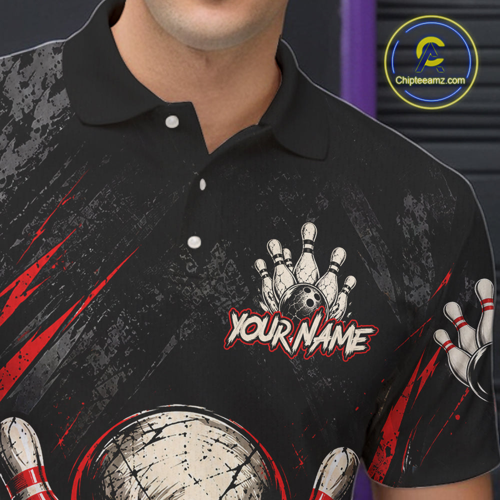 Personalized Black And Red Skull Bowling Polo & 1/4 Zip Shirt Custom Flame Bowler Jerseys