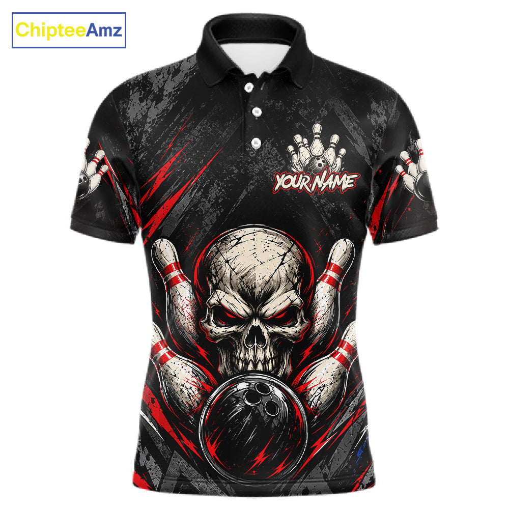 Personalized Black And Red Skull Bowling Polo & 1/4 Zip Shirt Custom Flame Bowler Jerseys