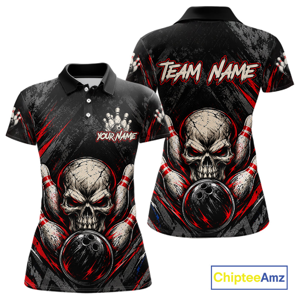 Personalized Black And Red Skull Bowling Polo & 1/4 Zip Shirt Custom Flame Bowler Jerseys