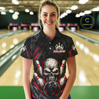 Personalized Black And Red Skull Bowling Polo & 1/4 Zip Shirt Custom Flame Bowler Jerseys