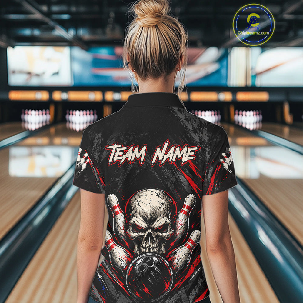 Personalized Black And Red Skull Bowling Polo & 1/4 Zip Shirt Custom Flame Bowler Jerseys