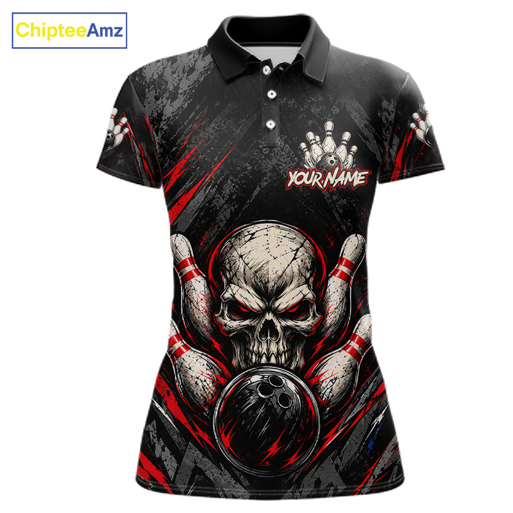 Personalized Black And Red Skull Bowling Polo & 1/4 Zip Shirt Custom Flame Bowler Jerseys