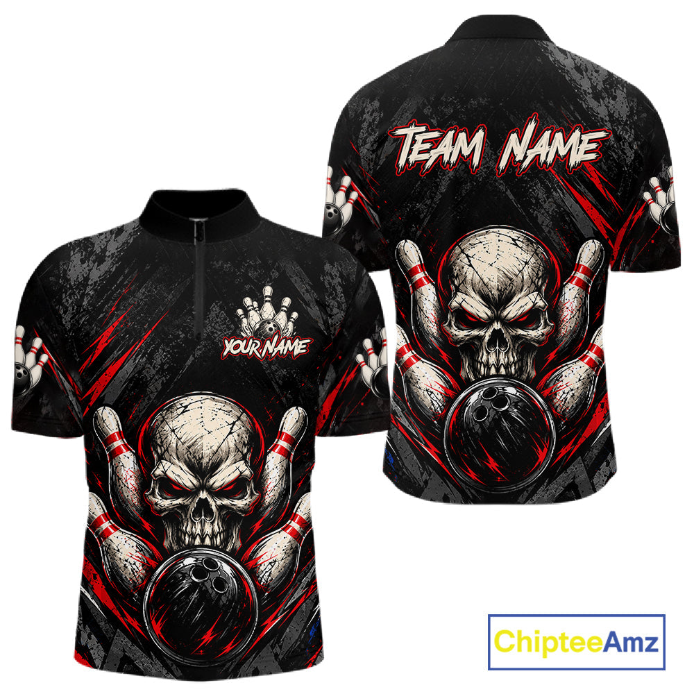 Personalized Black And Red Skull Bowling Polo & 1/4 Zip Shirt Custom Flame Bowler Jerseys