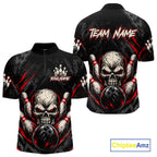 Personalized Black And Red Skull Bowling Polo & 1/4 Zip Shirt Custom Flame Bowler Jerseys