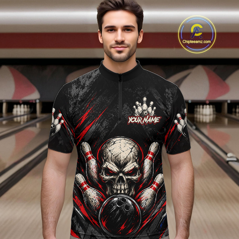 Personalized Black And Red Skull Bowling Polo & 1/4 Zip Shirt Custom Flame Bowler Jerseys