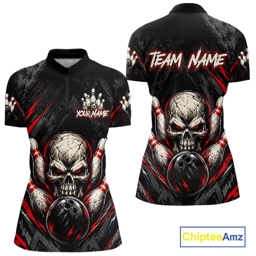 Personalized Black And Red Skull Bowling Polo & 1/4 Zip Shirt Custom Flame Bowler Jerseys