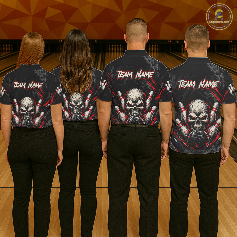 Personalized Black And Red Skull Bowling Polo & 1/4 Zip Shirt Custom Flame Bowler Jerseys