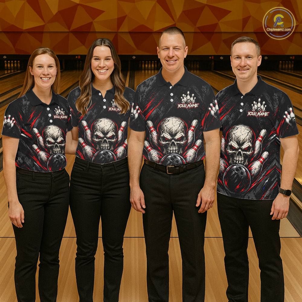 Personalized Black And Red Skull Bowling Polo & 1/4 Zip Shirt Custom Flame Bowler Jerseys