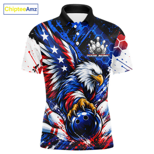 Custom American Flag Eagle Bowling Team Polo & 1/4 Zip Shirts, Patriotic US Bowling League Shirt