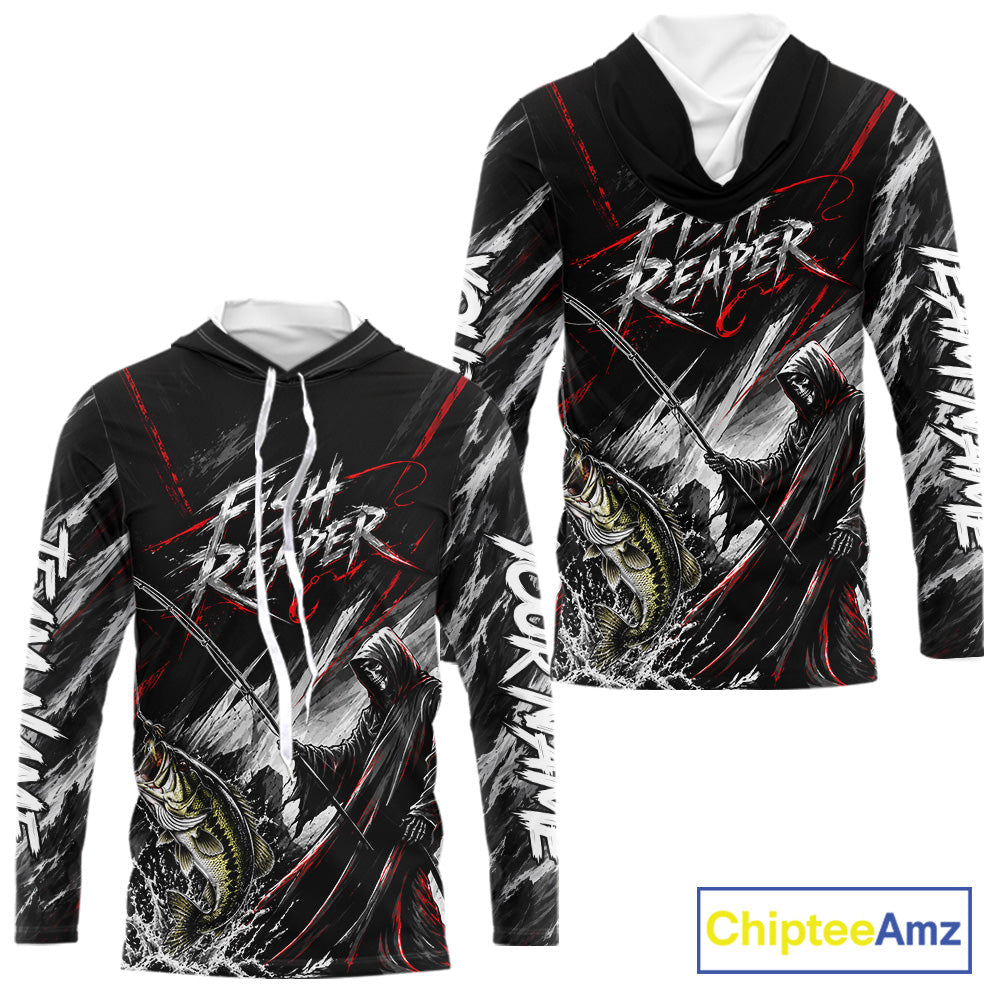 Personalized Bass Fishing Fish Reaper Long Sleeve Hooded Fishing Shirts, Fish Reaper Skull Fishing Jerseys