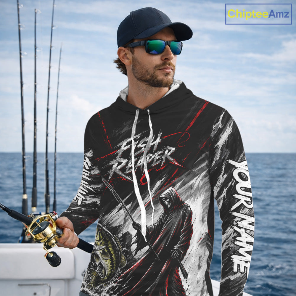Personalized Bass Fishing Fish Reaper Long Sleeve Hooded Fishing Shirts, Fish Reaper Skull Fishing Jerseys