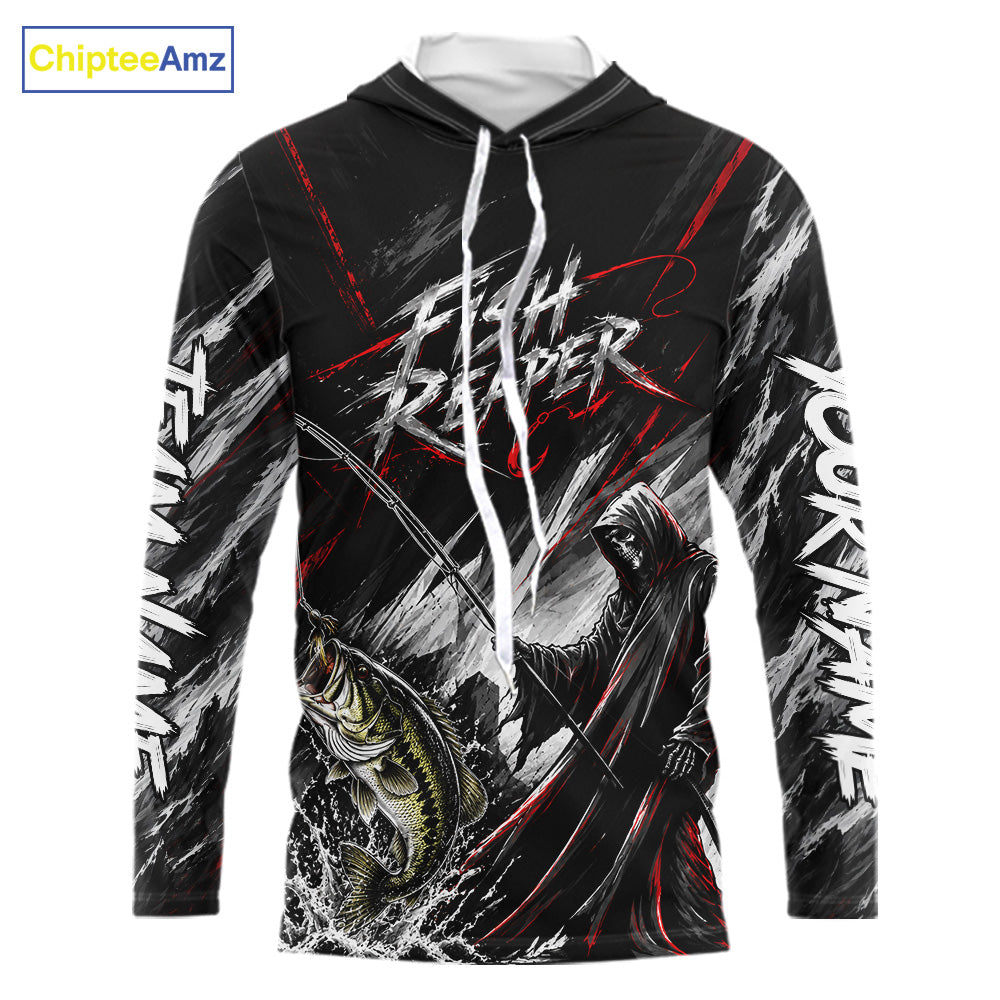 Personalized Bass Fishing Fish Reaper Long Sleeve Hooded Fishing Shirts, Fish Reaper Skull Fishing Jerseys