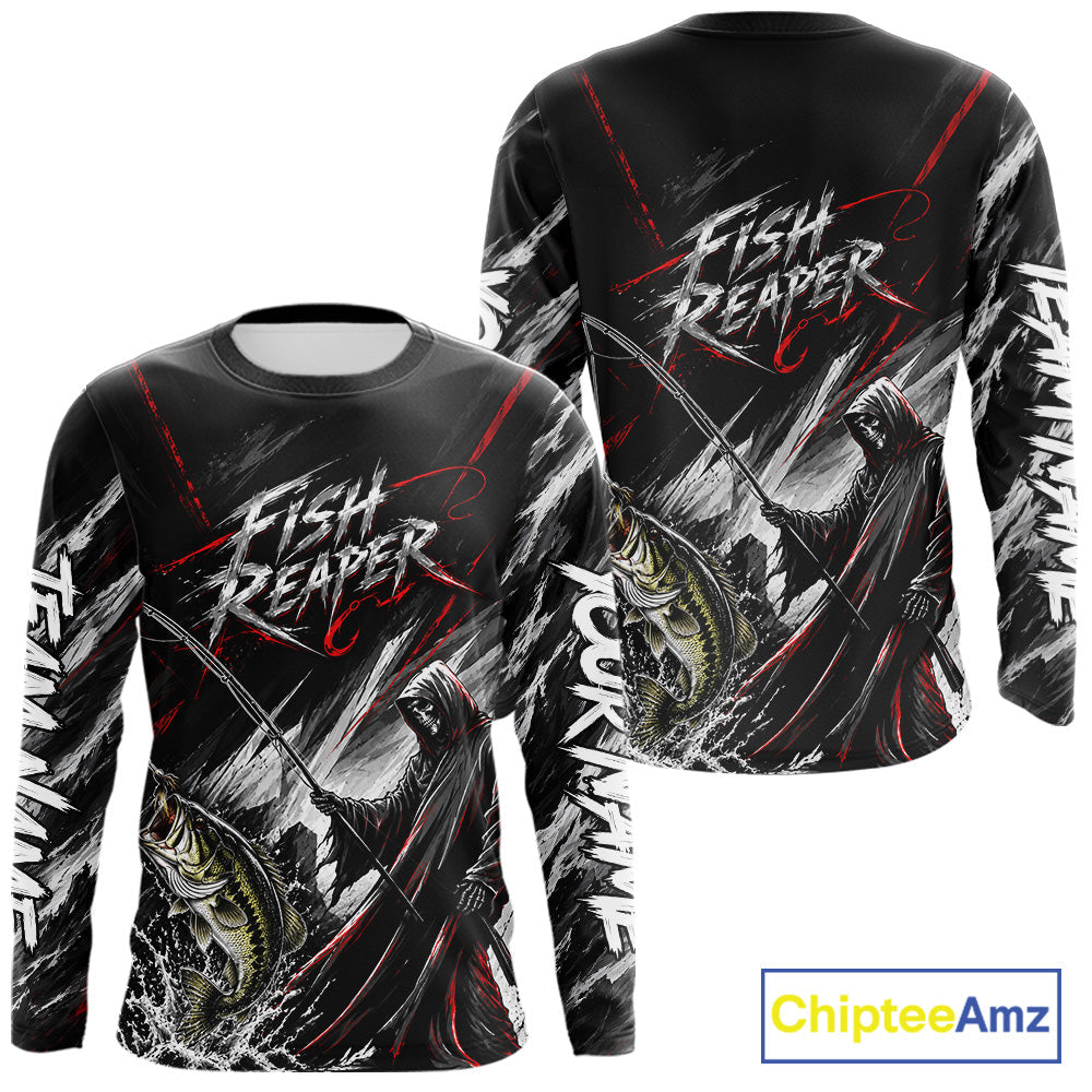 Personalized Bass Fishing Fish Reaper Long Sleeve Fishing Shirts, Fish Reaper Skull Fishing Jerseys