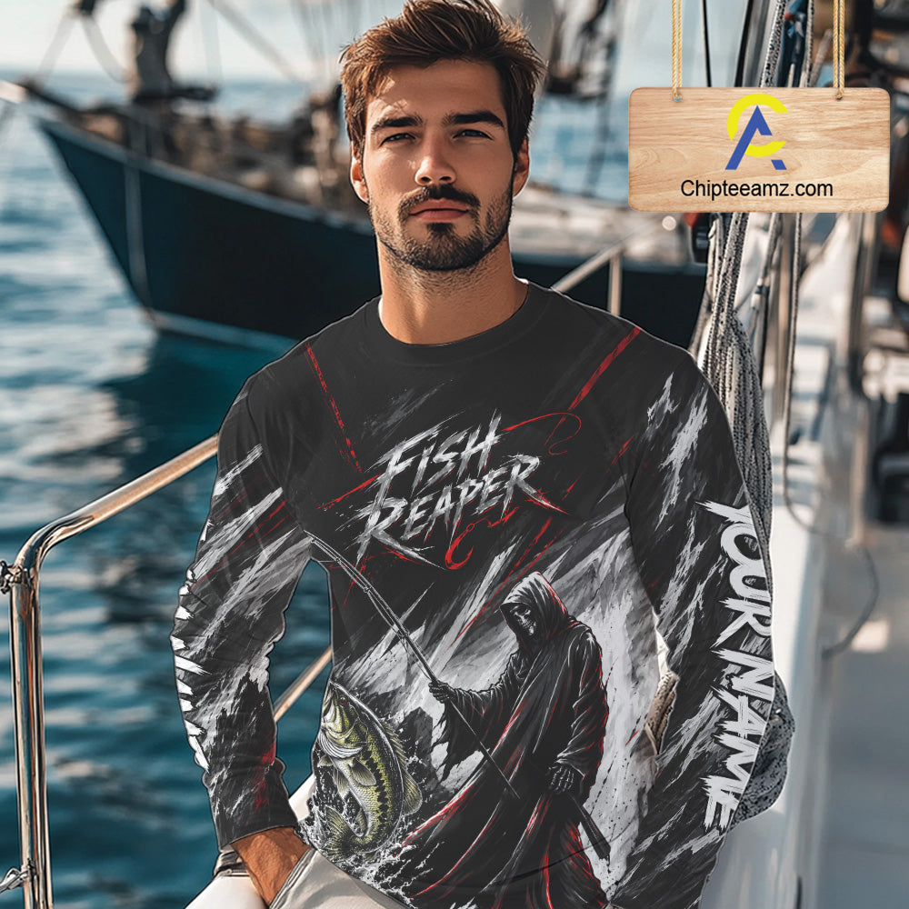 Personalized Bass Fishing Fish Reaper Long Sleeve Fishing Shirts, Fish Reaper Skull Fishing Jerseys