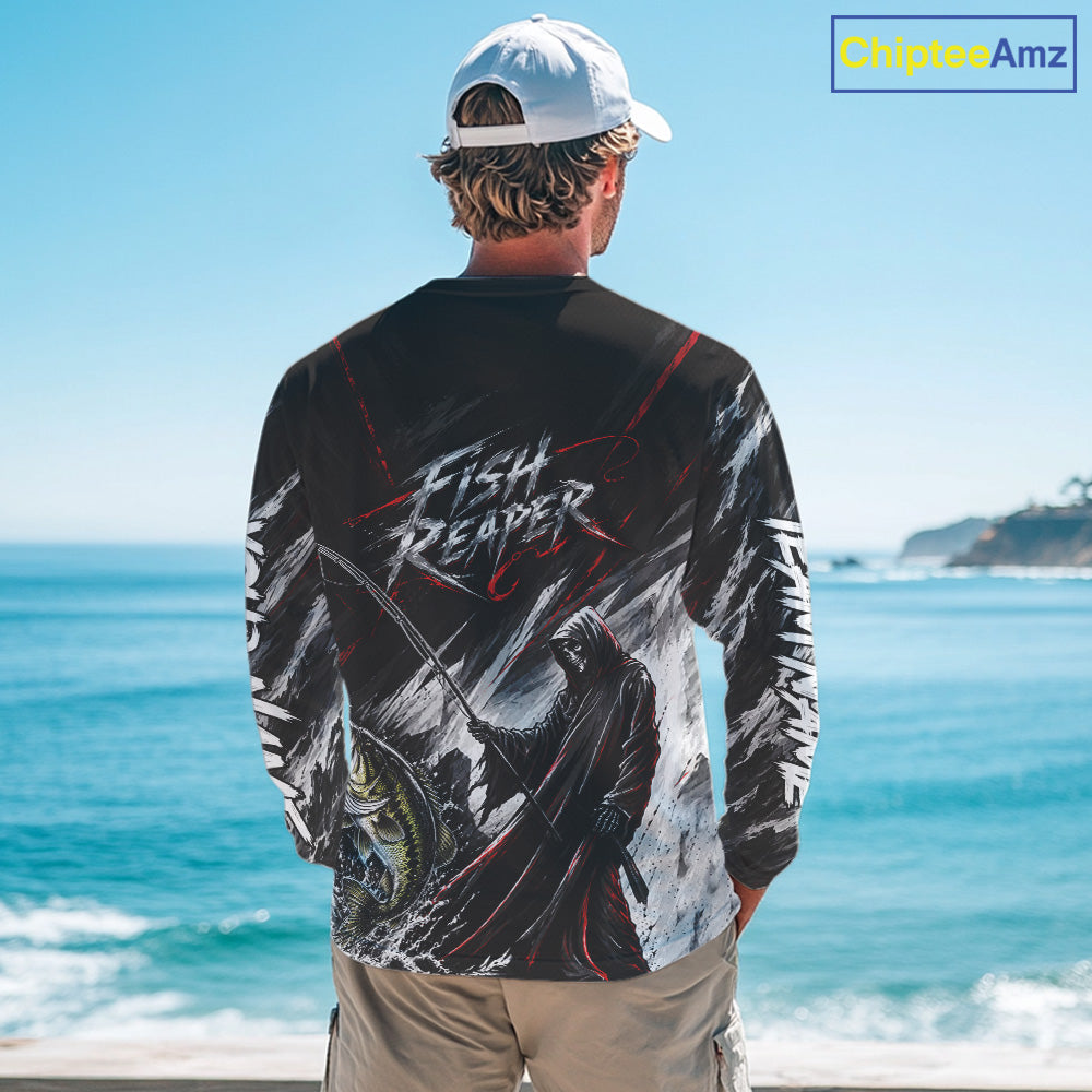 Personalized Bass Fishing Fish Reaper Long Sleeve Fishing Shirts, Fish Reaper Skull Fishing Jerseys
