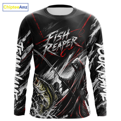 Personalized Bass Fishing Fish Reaper Long Sleeve Fishing Shirts, Fish Reaper Skull Fishing Jerseys