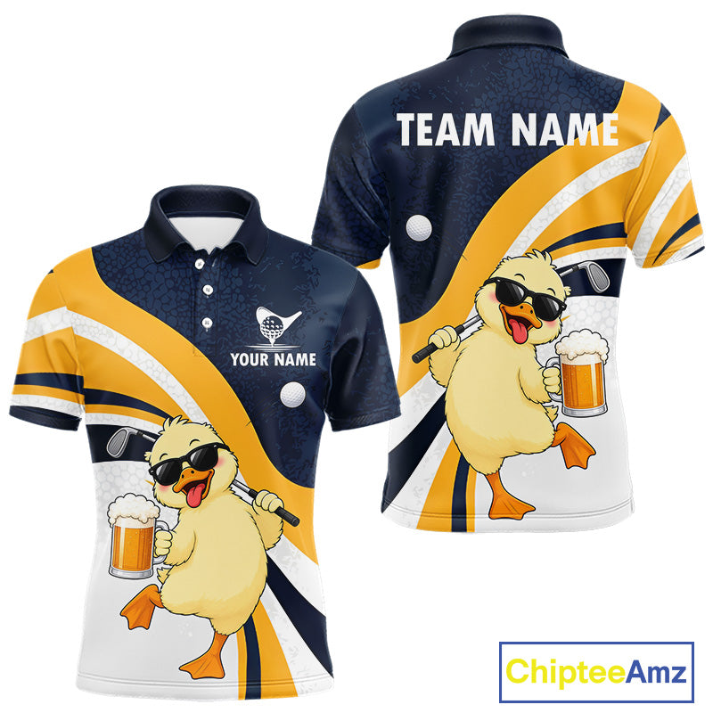 Funny Duck Golf Polo Shirt, Cute Duck With Beer Print Shirt, Golf Gifts