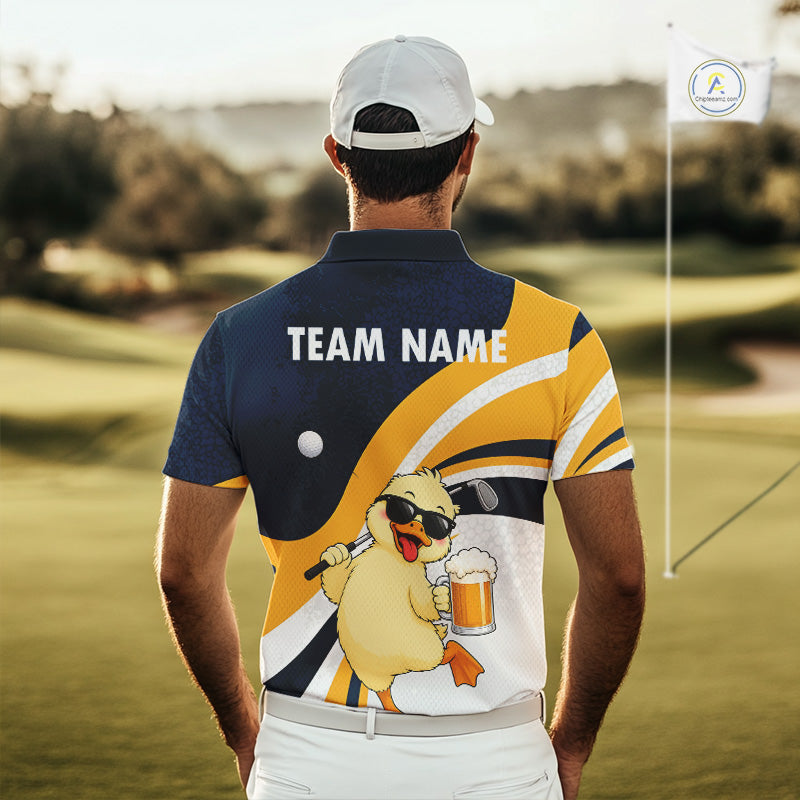 Funny Duck Golf Polo Shirt, Cute Duck With Beer Print Shirt, Golf Gifts