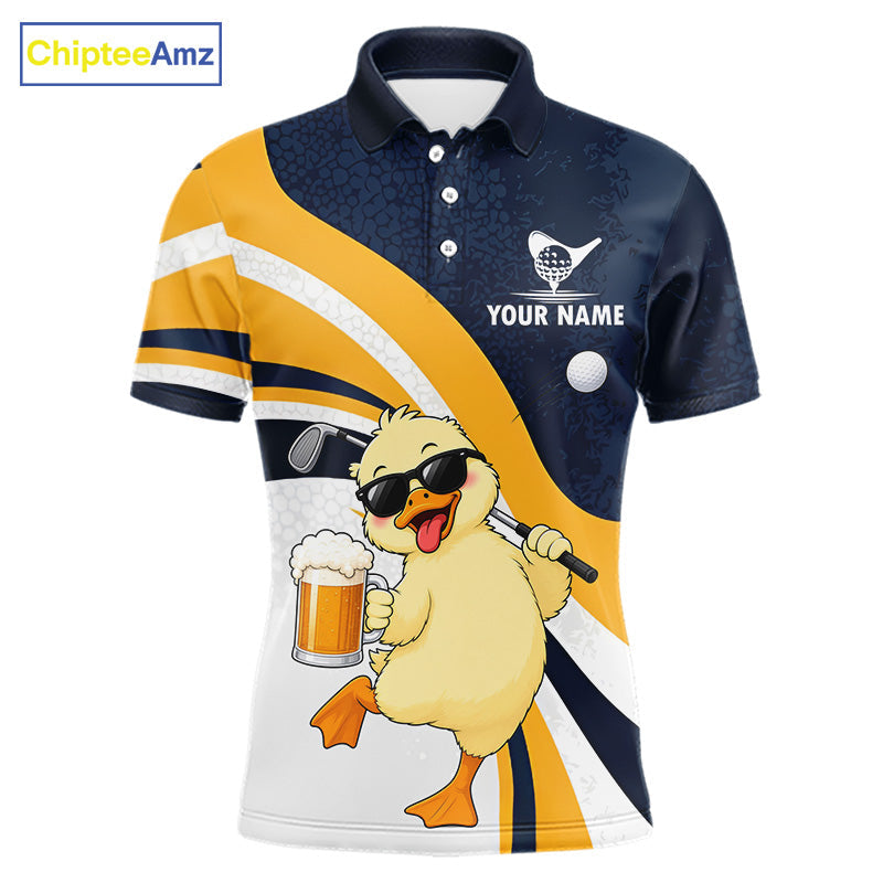 Funny Duck Golf Polo Shirt, Cute Duck With Beer Print Shirt, Golf Gifts