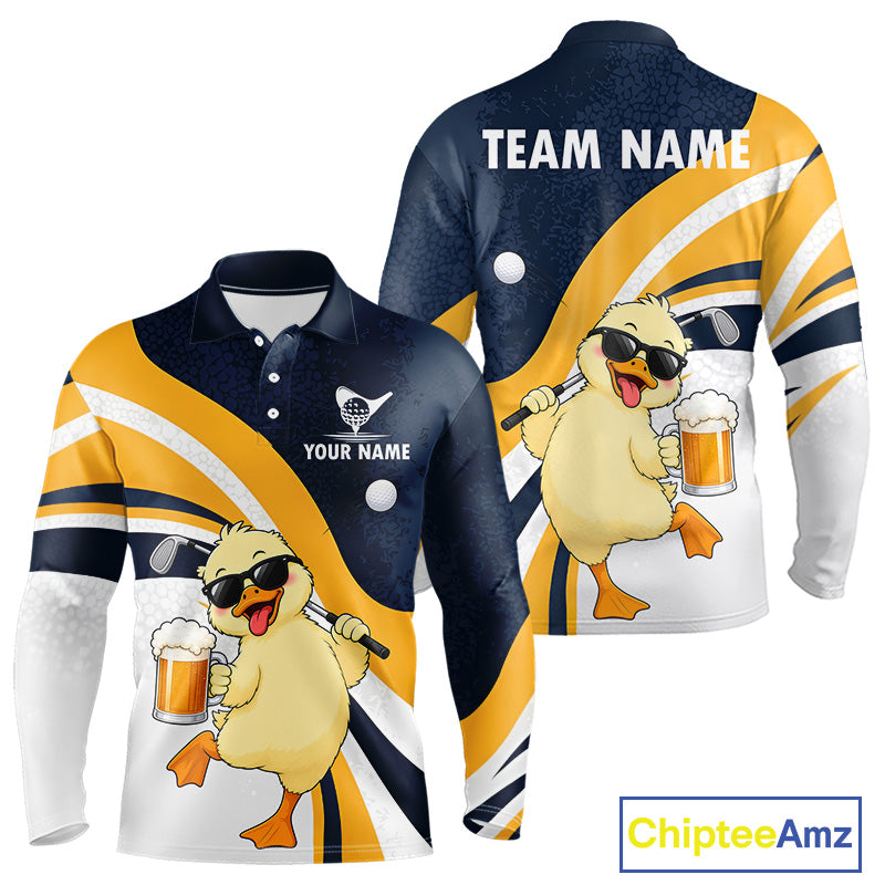 Funny Duck Golf Polo Shirt, Cute Duck With Beer Print Shirt, Golf Gifts